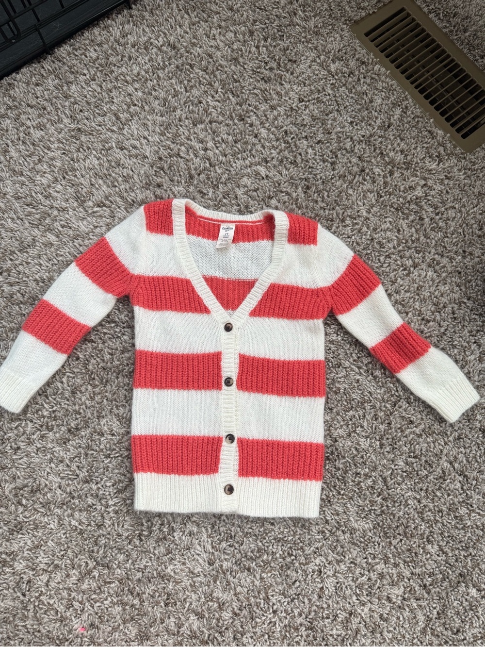 OshKosh B'gosh White & Coral Striped V-Neck Button Cardigan